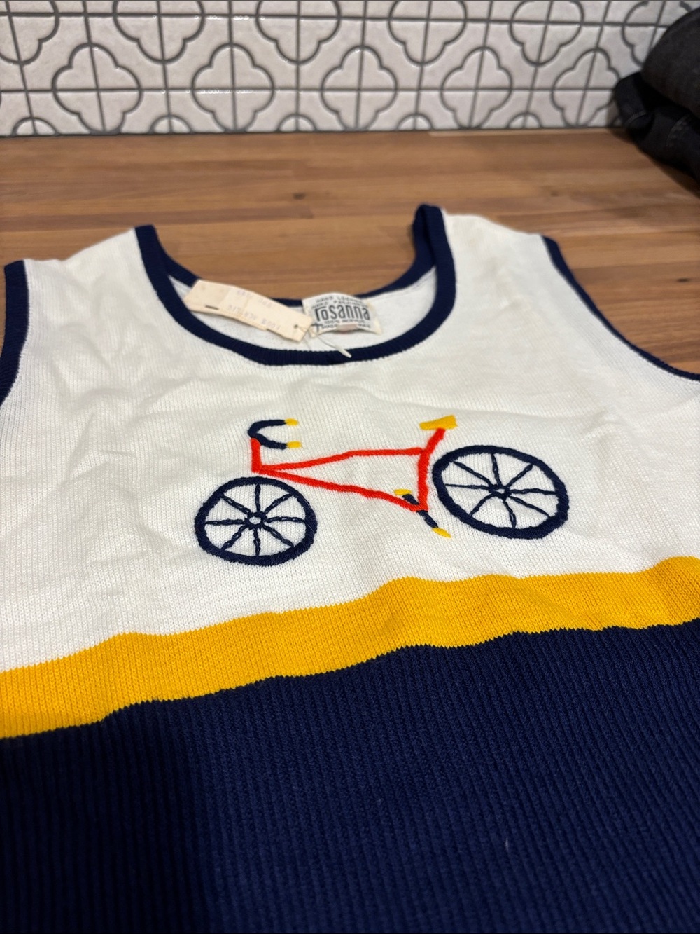 Vintage Rosanna White Navy Yellow Sleeveless Knit Tank with Embroidered Bicycle